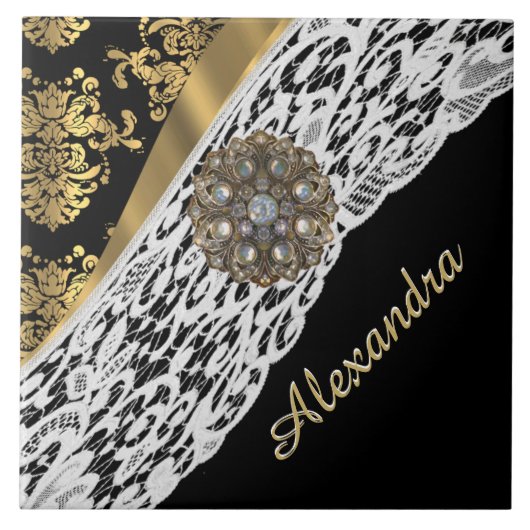 黒および金ゴールドのダマスク織の白いレースの水晶 タイル (正面)