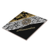 黒および金ゴールドのダマスク織の白いレースの水晶 タイル (側面)