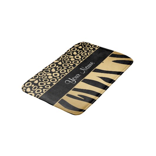 黒および金ゴールドのヒョウおよびシマウマパターン バスマット (アングル)