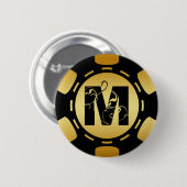 黒および金ゴールドのモノグラムの手紙Mのポーカー用のチップ 缶バッジ (正面&裏面)
