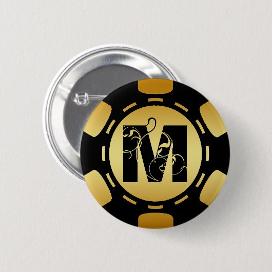 黒および金ゴールドのモノグラムの手紙Mのポーカー用のチップ 缶バッジ (正面&裏面)