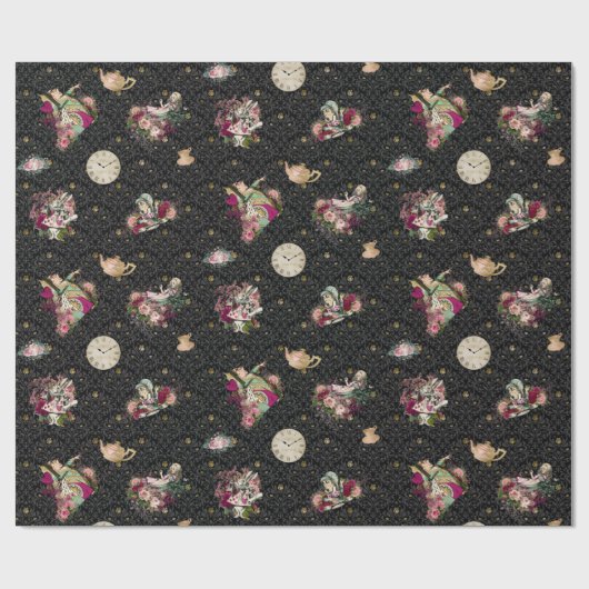 黒および金ゴールドの不思議の国のキャラクターのアリス ラッピングペーパー (フラット)