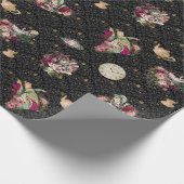 黒および金ゴールドの不思議の国のキャラクターのアリス ラッピングペーパー (角)