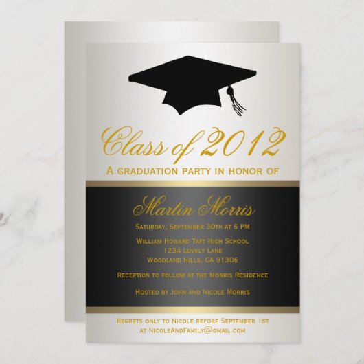 黒および金ゴールドの卒業の招待状 招待状 (正面/裏面)