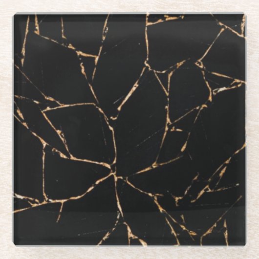 黒および金ゴールドの大理石のガラスコースター ガラスコースター (正面)