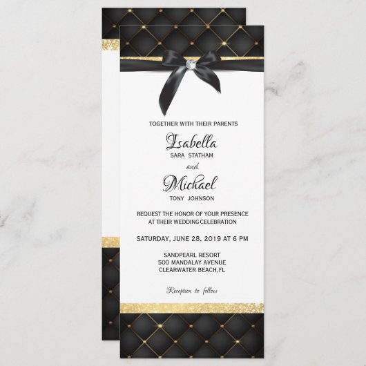 黒および金ゴールドの小さいダイヤモンドの弓招待 招待状 (正面/裏面)