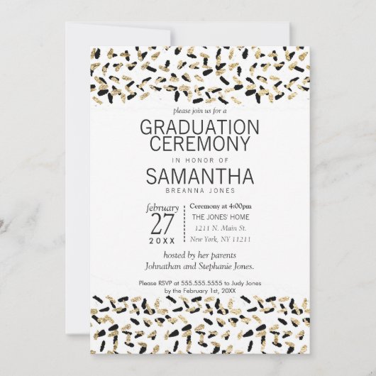 黒および金ゴールドの斑点の卒業式の招待 招待状 (正面)