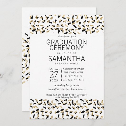 黒および金ゴールドの斑点の卒業式の招待 招待状 (正面/裏面)