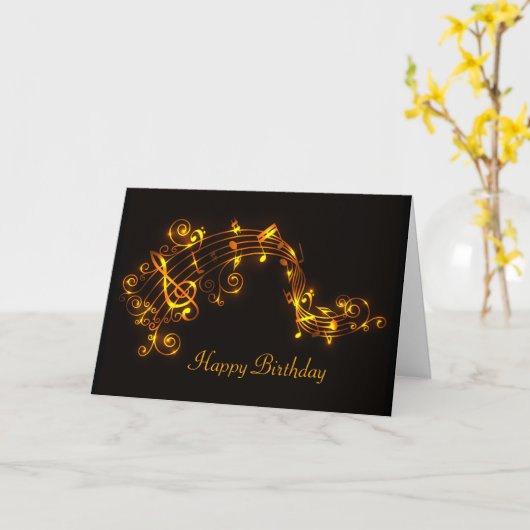 黒および金ゴールドの渦巻く音符の誕生日 カード (黄色い花)