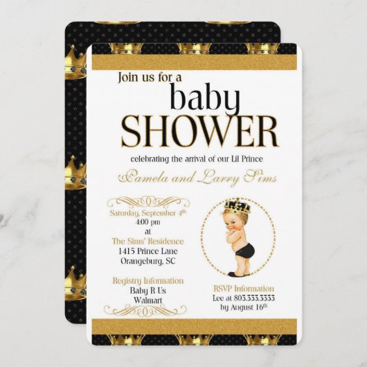黒および金ゴールドの王室のな王子ベビーシャワーの招待状 招待状 (正面/裏面)