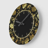 黒および金ゴールドの花柄のダマスク織 ラージ壁時計 (傾斜)