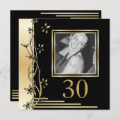 黒および金ゴールドの花柄の第30誕生日の招待 招待状 (正面/裏面)