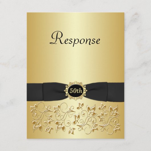 黒および金ゴールドの花柄第50 RSVPカード (正面)