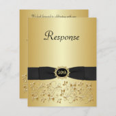 黒および金ゴールドの花柄第50 RSVPカード (正面/裏面)