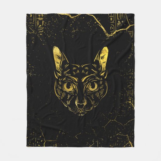 黒および金ゴールドのSphynx猫 フリースブランケット (正面)