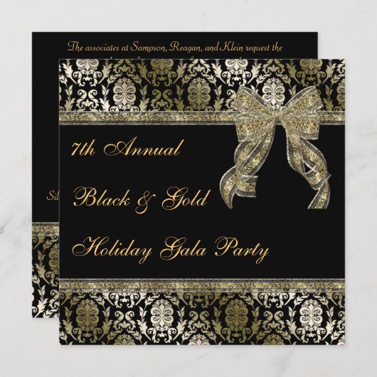 黒および金ゴールドはダマスク織の休日のパーティの招待を曲げました 招待状 (正面/裏面)
