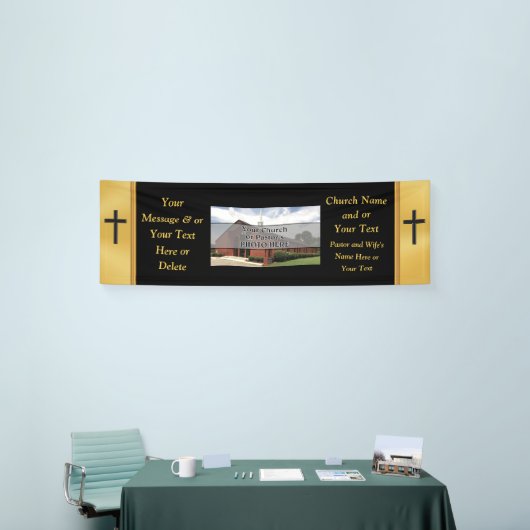 黒および金ゴールドカスタムな教会旗、あなたの色 横断幕 (トレードショー)
