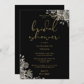 黒および金ゴールドゴシックフローラブライダルシャワー 招待状 (正面/裏面)