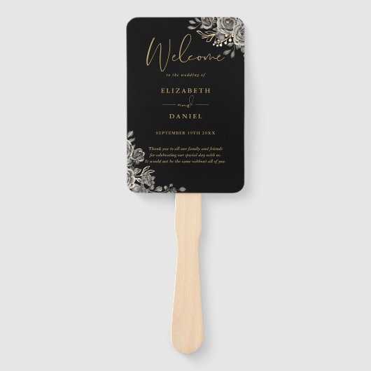 黒および金ゴールドゴシックフローラ結婚式 プログラム ハンドファン (正面)