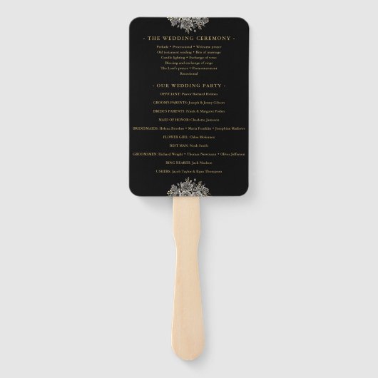 黒および金ゴールドゴシックフローラ結婚式 プログラム ハンドファン (裏面)