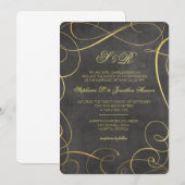 黒および金ゴールドホイルの書道のモノグラムの招待 招待状 (正面/裏面)