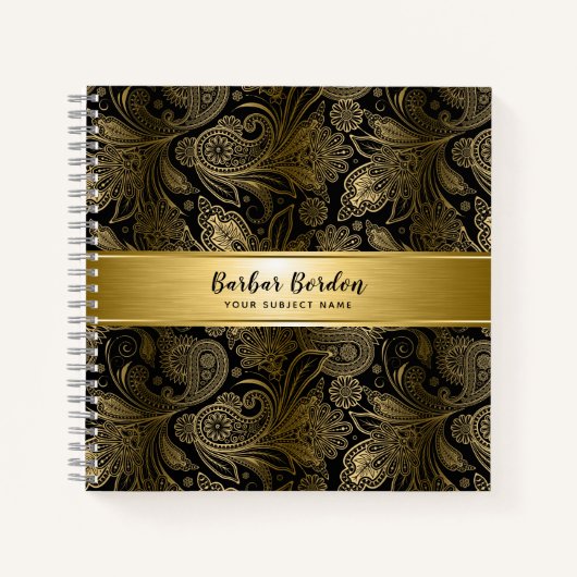 黒および金ゴールドヴィンテージフローラペイズリーパターン ノートブック (正面)
