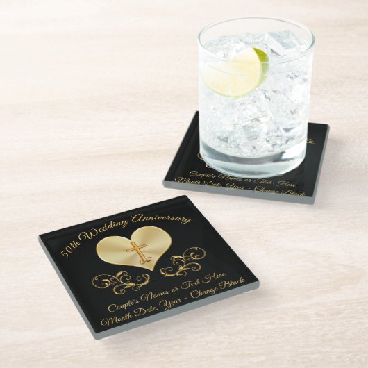 黒および金ゴールド第50記念日のギフトのアイディアのコースター ガラスコースター (アングル)