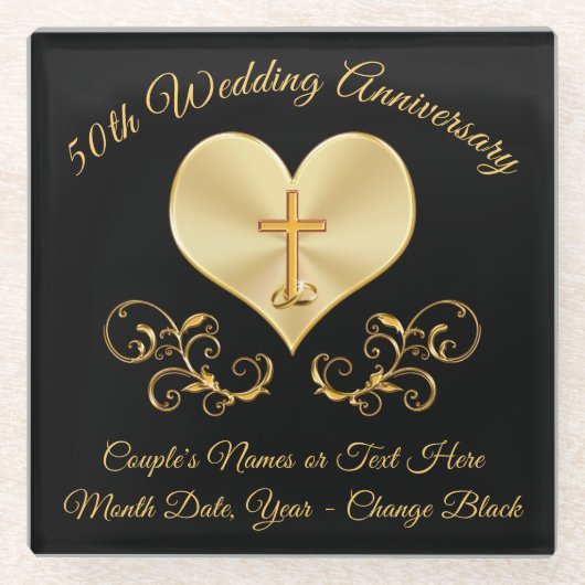 黒および金ゴールド第50記念日のギフトのアイディアのコースター ガラスコースター (正面)