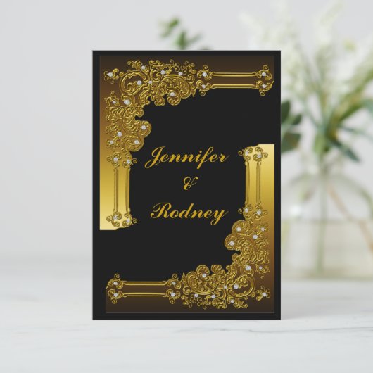 黒および金ゴールドRSVPの結婚式招待状 出欠カード (スタンド正面)