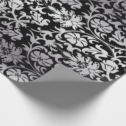 黒および銀のダマスク織のエレガントな結婚式 ラッピングペーパー (角)