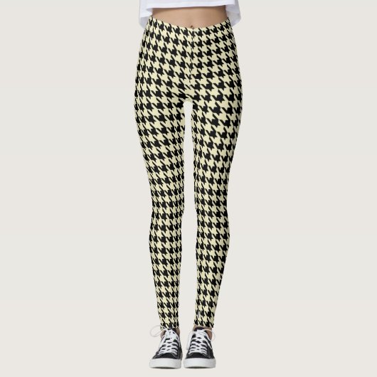 黒およびCream Pied De Poule Houndstooth レギンス (正面)