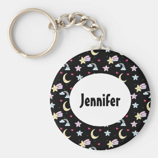 黒お洒落に浮かぶ月、星、雲のパターン キーホルダー (正面)