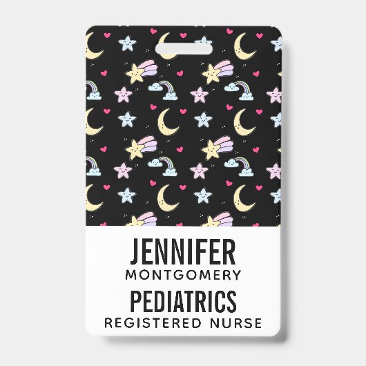 黒お洒落に浮かぶ月、星、雲のパターン バッジ (正面)