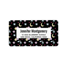 黒お洒落に浮かぶ月、星、雲のパターン ラベル