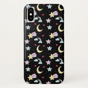 黒お洒落に浮かぶ月、星、雲のパターン iPhone X ケース