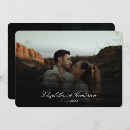 黒お洒落タイポグラフィフォト結婚ズ 招待状 (正面/裏面)