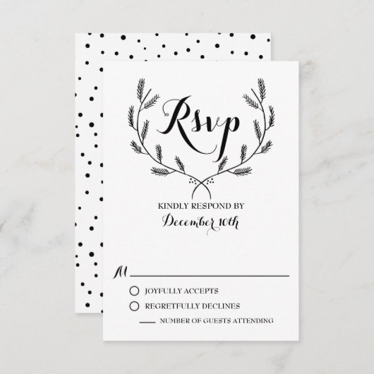 黒お洒落冬リースウェディングRSVPカード 出欠カード (正面/裏面)