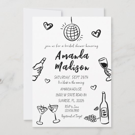 黒お洒落手引きワインブライダルシャワー 招待状 (正面)