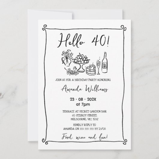 黒お洒落手描き40歳の誕生日 招待状 (正面)