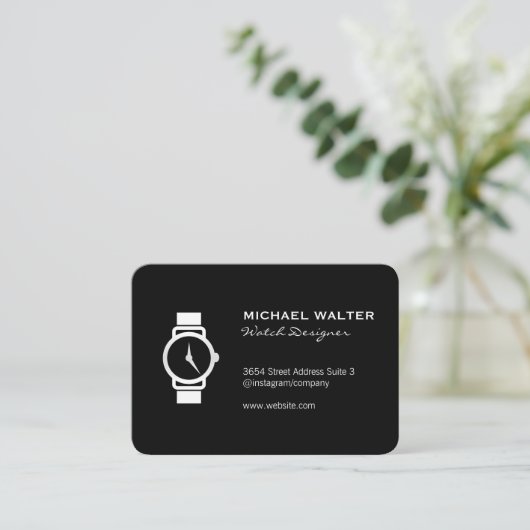 黒お洒落時計アイコン 名刺 (スタンド正面)