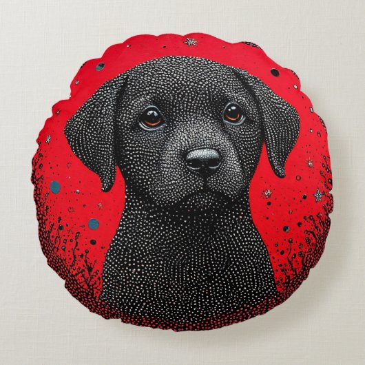 黒お洒落犬 ラウンドクッション (正面)