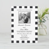 黒お洒落白グリッターチェッカーボ結婚ード 招待状 (スタンド正面)