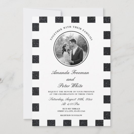 黒お洒落白グリッターチェッカーボ結婚ード 招待状 (正面)