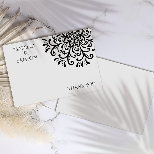 黒お洒落白フローリッシュサンキューカード サンキューカード