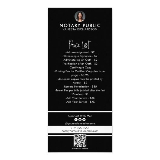黒お洒落白QRコード公証人価格表 ラックカード (裏面)