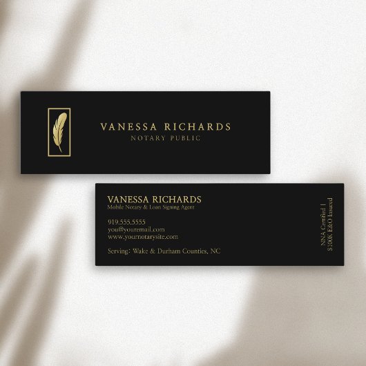 黒お洒落&金ゴールド羽毛フォトQRコード公証人 スキニー名刺