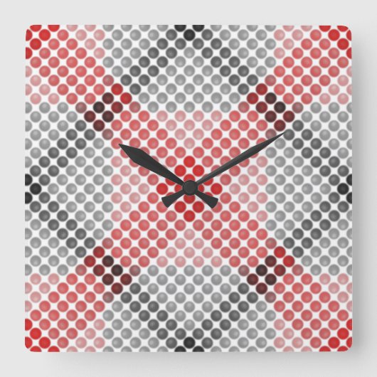 黒から赤のボールまたは穴、十字形の正方形 スクエア壁時計 (正面)
