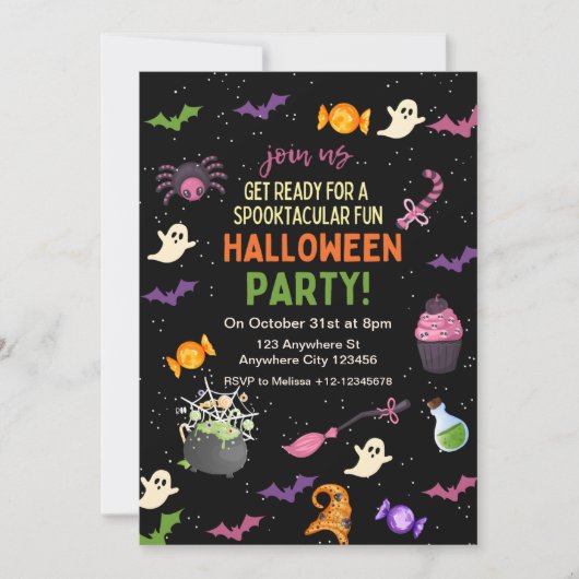 黒かわいいカラフルおもしろいマジカル神秘的ハロウィーン 招待状 (正面)