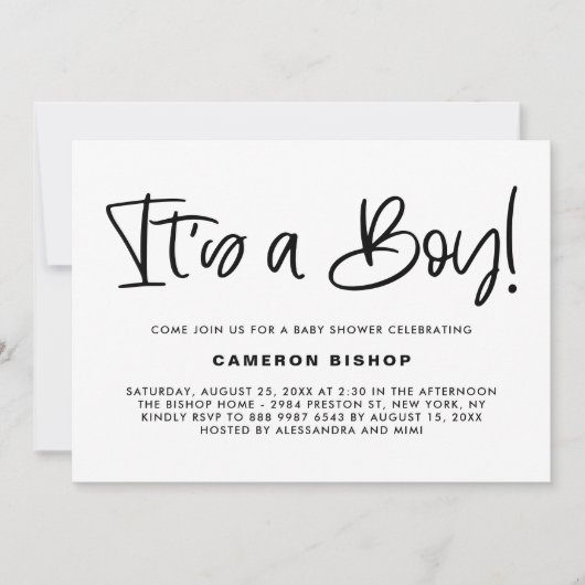 黒かわいい書道男の子の赤ちゃんのシャワー 招待状 (正面)