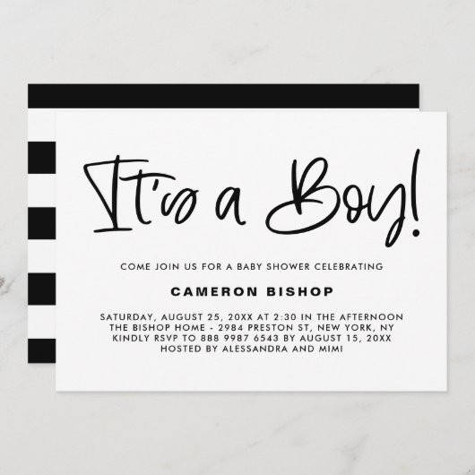 黒かわいい書道男の子の赤ちゃんのシャワー 招待状 (正面/裏面)